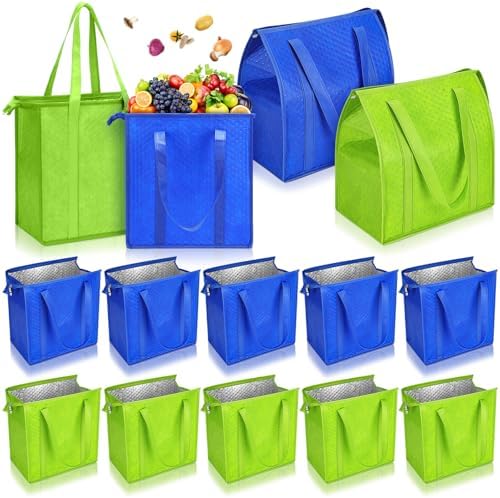 10 Pack 10 Pack Large Insulated Grocery Bag Zippered, Green, Blue