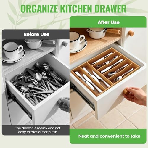 Bamboo Silverware Organizer, 12 Inch Bamboo Kitchen Drawer Cutlery Organizer, Utensil Holder, Flatware Organizer Tray (15.8"x11.9"x1.6")