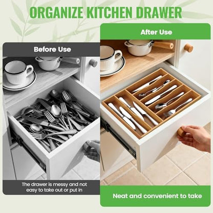 Bamboo Silverware Organizer, 12 Inch Bamboo Kitchen Drawer Cutlery Organizer, Utensil Holder, Flatware Organizer Tray (15.8"x11.9"x1.6")