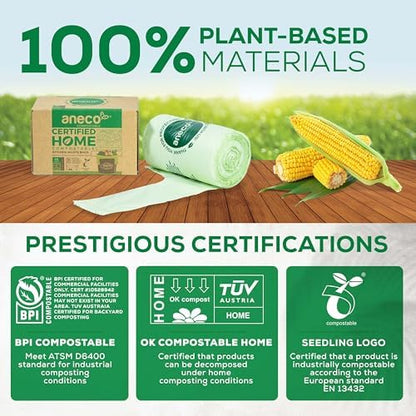 ANECO 100% Compostable Food Waste Bags 2.6 Gallon With Handles, 45 Count