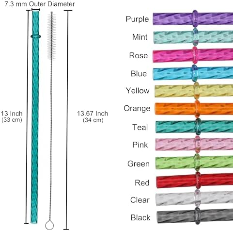 Dakoufish 13 Inch Long Reusable Clear Plastic Replacement Drinking Straws for 32 oz,40 oz & 100 oz Jar/Tumblers, Set of 12 Swirl Straws With Cleaning Brush (13inch,12color)