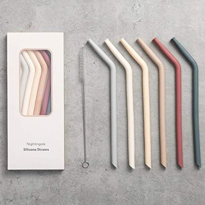 Nightingale Reusable Silicone Straws - Bendy Drinking Straw with Cleaning Brush - Collapsible and Bendable Travel Straw for Kids - Dishwasher Safe, Food-Safe - Set of 6 (Oak Multi)