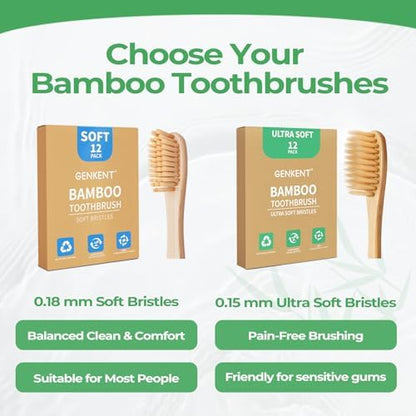 GENKENT Ultra Soft Bamboo Toothbrush, 12 Pack, 0.15mm Bristles