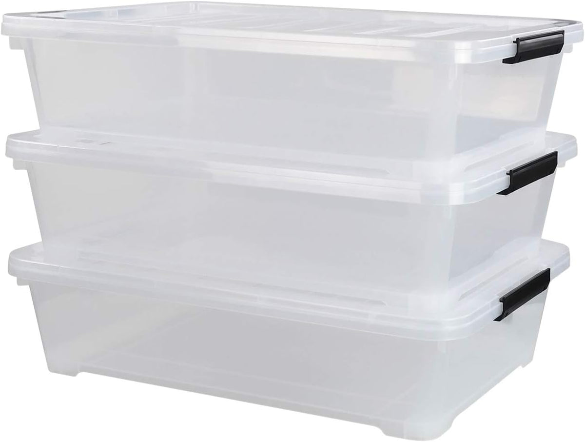 3-Pack Plastic Under Bed Storage Box Container, 40 Quart Clear Stackable Storage Box Wheeled Latching Box