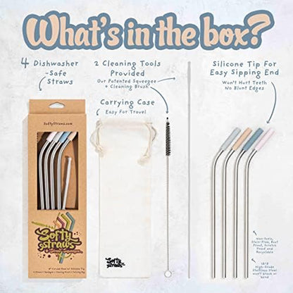 Softy Straws Premium Reusable Stainless Steel Drinking Straws With Silicone Tips + Patented Straw Cleaners and Carrying Case - 9” Long Metal With Curved Bend for 20/30/32oz Tumblers - Natural Colors