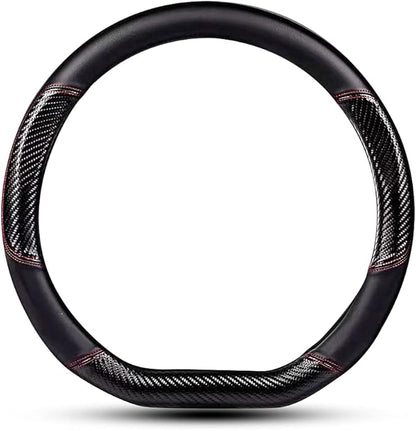 Car Carbon Fiber and Leather D-Shape Steering Wheel Cover, Stylish car Non-Slip Leather car Interior 15 inches Universal Black and Red