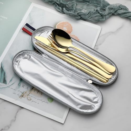 DEVICO Travel Utensils with Case, 5 Piece Portable Silverware Set for Work
