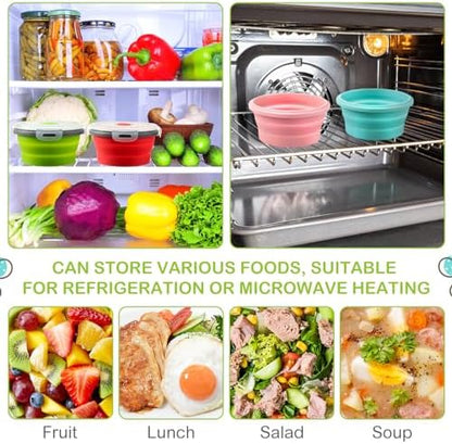 Suclain 4 Pcs Collapsible Bowls with Lids Silicone Camping Food Storage Container Expandable Folding Salad Lunch Box Travel Container for Hiking Camping