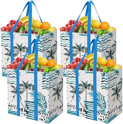 BALEINE 4 PK Grocery Bags Reusable Shopping Bags with Reinforced Bottom, Heavy Duty Foldable Tote Bags (Island Breeze)
