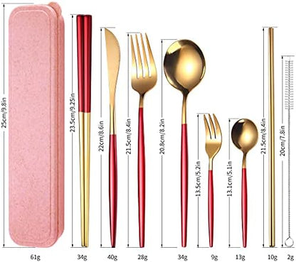 AARAINBOW 8 Pieces Stainless Steel Flatware Set Portable Reusable Cutlery Set Travel Utensils Set Including Chopsticks Knife Fork Spoon Straws Cleaning Brush Dishwasher Safe (Red Golden)