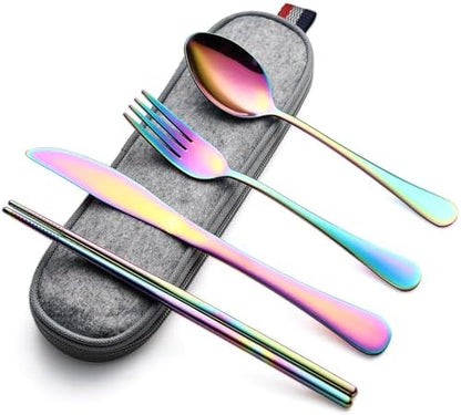 DEVICO Travel Utensils with Case, 5 Piece Portable Silverware Set for Work