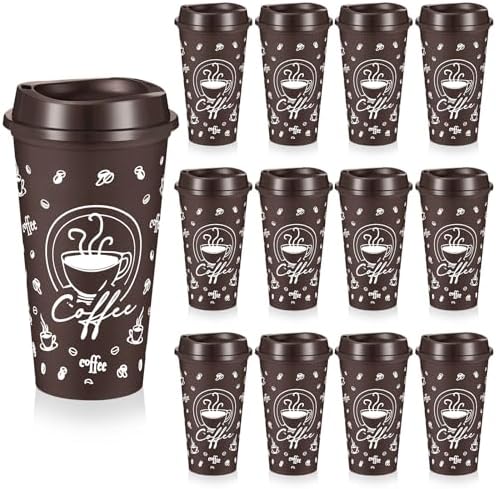 12 Sets Reusable Coffee Cups with Lids, 16oz, Brown