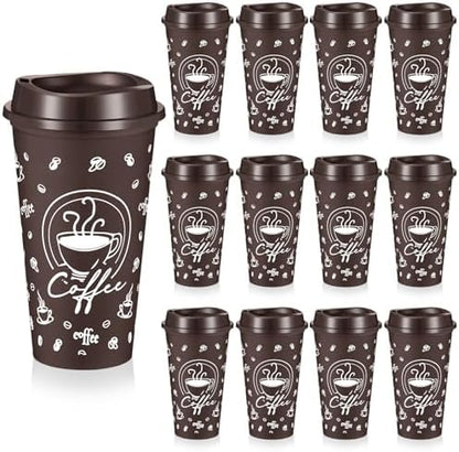 12 Sets Reusable Coffee Cups with Lids, 16oz, Brown