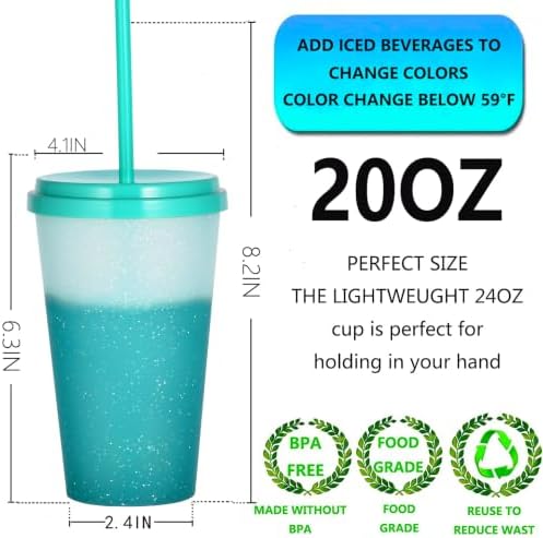Color Changing Cups, 5 Pack 24oz Plastic Tumblers, Reusable Iced Coffee & Smoothie Cups with Lids and Straws for Parties and Travel (Bright, 24 Pcak)