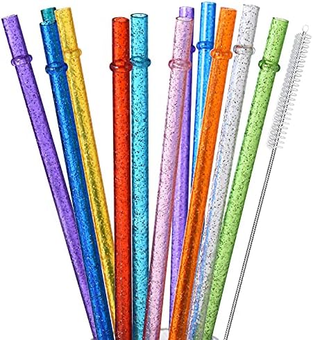 ALINK 12-Pack Reusable Plastic Glitter Straws, 11" Long Colorful Hard Plastic Tumbler Straws for 16 OZ 20 OZ 30 OZ Stanley, YETI, Mason Jar, Starbucks with Cleaning Brush