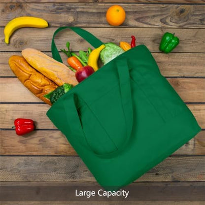 TOPDesign 1-Pack Canvas Tote Bag with an External Pocket, Reusable Grocery Shopping Bag, Top Zipper Closure, Daily Essentials (Green)