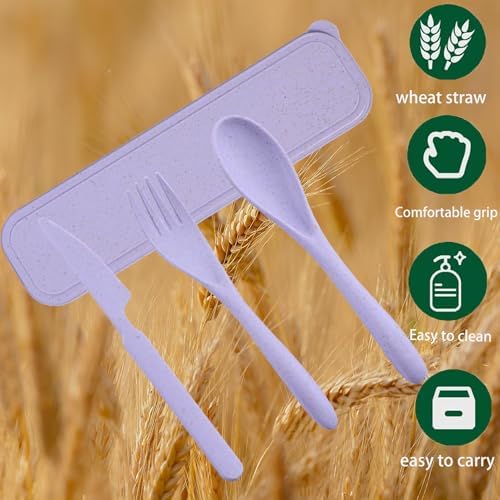 4‑Pack Travel Wheat Straw Utensils, BPA Free Fork Spoon Knife Storage Case