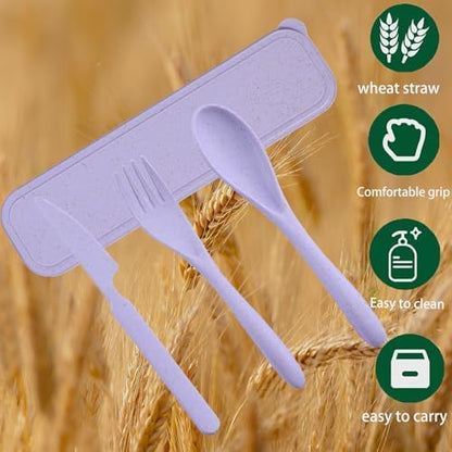 4‑Pack Travel Wheat Straw Utensils, BPA Free Fork Spoon Knife Storage Case