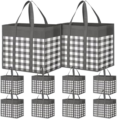 WOWBOX Reusable Grocery Bags,10-Pack, Foldable Reusable Shopping Tote Bags bulk with Reinforced Handles,Large Storage Bags with Water Resistant Coating for Groceries,Multipurpose,Grey-White