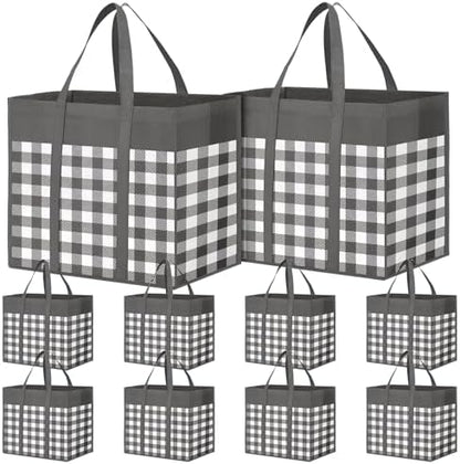WOWBOX Reusable Grocery Bags,10-Pack, Foldable Reusable Shopping Tote Bags bulk with Reinforced Handles,Large Storage Bags with Water Resistant Coating for Groceries,Multipurpose,Grey-White