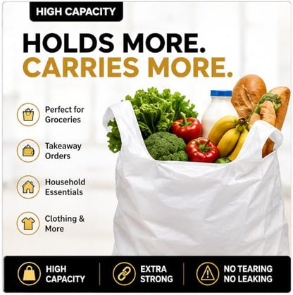 Reusable Heavy Duty White Plastic Shopping Bags with Handles, T-Shirt Grocery Carrier Bags, 12 x 18 x 24 Inch, HDPE Retail, Convenience Store & Takeout Bags, 100 Pack