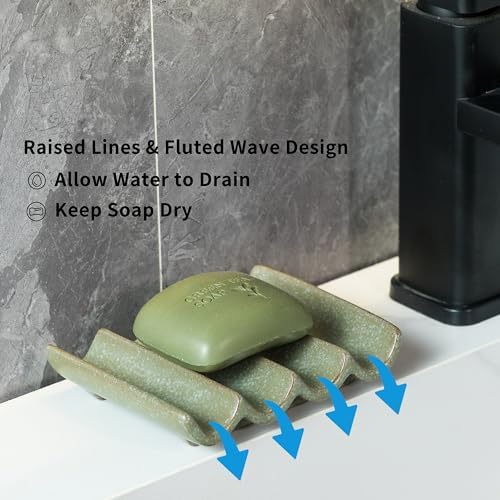 Draining Ceramic Soap Dish - Fluted Design, Bar Soap Holder for Shower & Bathroom, Soap Saver Sponge Lift, Green