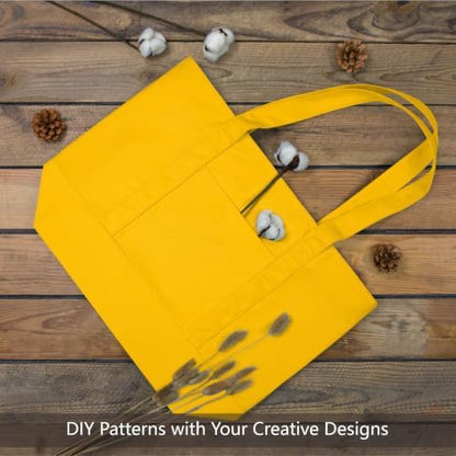 TOPDesign 6-Pack Canvas Tote Bags with an External Pocket, Reusable Grocery Shopping Bags, Top Zipper Closure, Daily Essentials (Yellow)