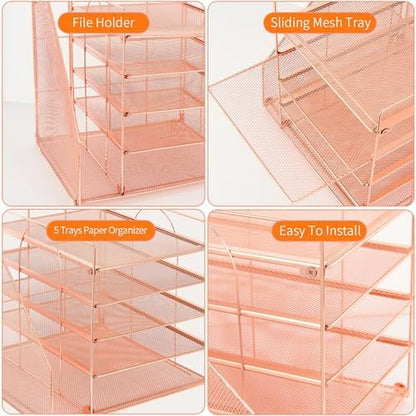 LEKETREE Desk Organizers and Accessories, 5-Tier Paper Letter Tray Organizer with File Holder, Desktop Organizer for Office Supplies (Rose Gold)