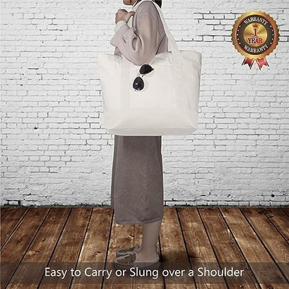 TOPDesign 3-Pack Canvas Tote Bags with an External Pocket, Reusable Grocery Shopping Bags, Top Zipper Closure, Daily Essentials (Natural)
