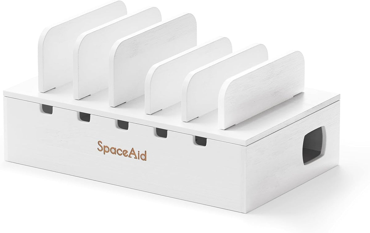 SpaceAid Bamboo Charging Station for Multiple Devices, Cell Phone Docking Stations for Multi Laptop, Tablets and iPads, Nightstand Bedside Desk Device Charger Organizer (White)