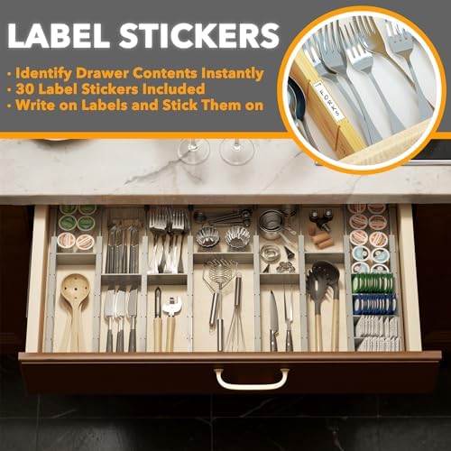 SpaceAid Bamboo Drawer Dividers with Inserts and Labels, Kitchen Adjustable Drawer Organizers, Expandable Organization for Home, Office, Dressers, 10 Dividers with 24 Inserts (17"-22" Gray)