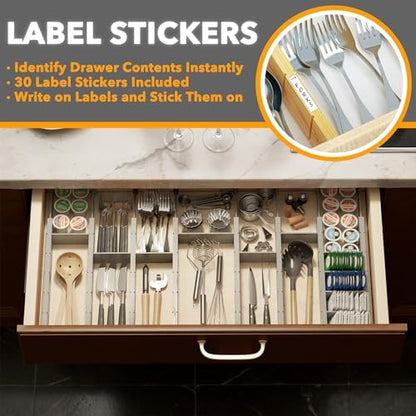 SpaceAid Bamboo Drawer Dividers with Inserts and Labels, Kitchen Adjustable Drawer Organizers, Expandable Organization for Home, Office, Dressers, 10 Dividers with 24 Inserts (17"-22" Gray)
