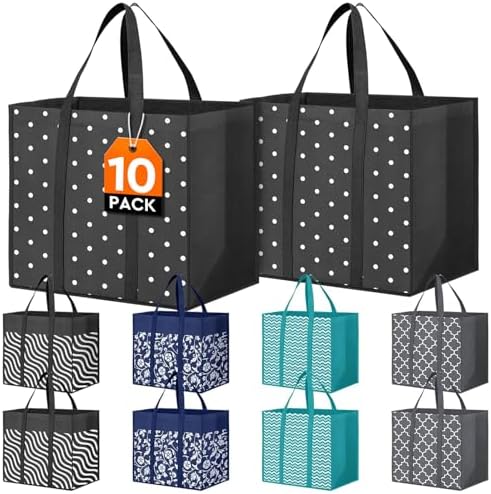 10 Pack Reusable Grocery Bags Waterproof Tote Bags for Shopping Groceries