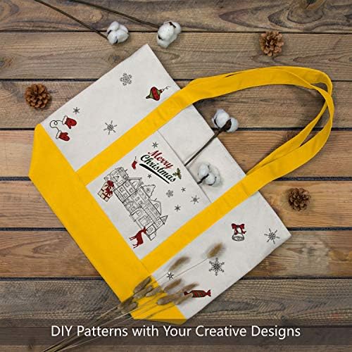 TOPDesign 3-Pack Canvas Tote Bags with an External Pocket, Reusable Grocery Shopping Bags, Top Zipper Closure, Daily Essentials (Yellow/Natural)