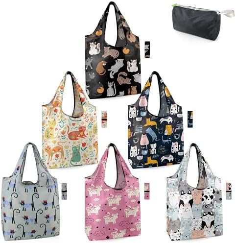 BeeGreen 6 Pack Cats Reusable Grocery Bags Gifts for Cat Lovers with Elastic Band Reusable Shopping Bags Bulk 50LBS X-Large Foldable-Machine Washable-Heavy Duty