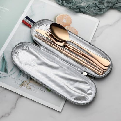DEVICO Travel Utensils with Case, 5 Piece Portable Silverware Set for Work