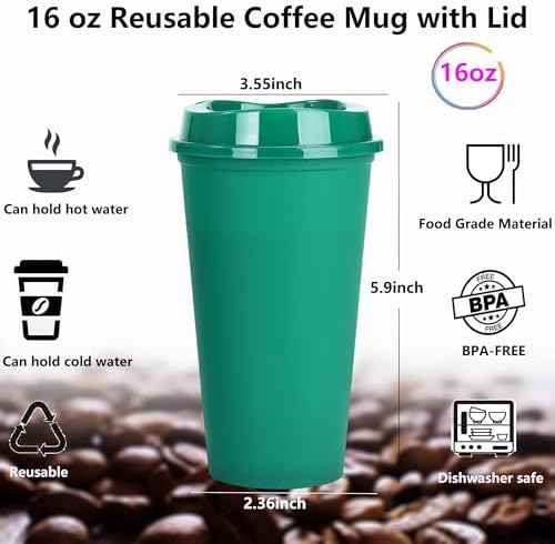 20 Pack Reusable Coffee Cups with Lids 16 oz Plastic Tumblers Travel Mug Iced Coffee Cup for Adults and Women Hot and Cold Drinks, Microwaveable(Greens)