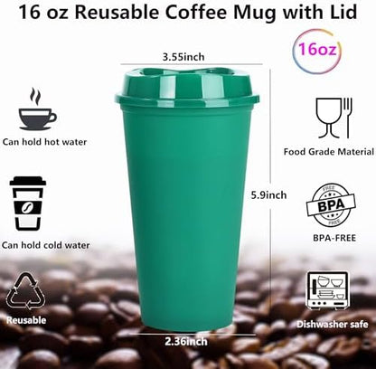 20 Pack Reusable Coffee Cups with Lids 16 oz Plastic Tumblers Travel Mug Iced Coffee Cup for Adults and Women Hot and Cold Drinks, Microwaveable(Greens)