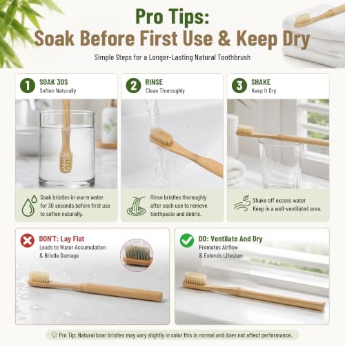 DEBETOOL 4-Pack Natural Boar Bristle Toothbrush for Adults