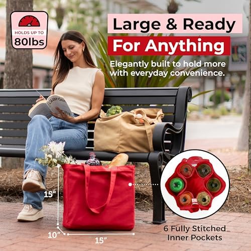 VeraMia Canvas Grocery Bag 3pc XL Set with Real Pockets, Long Shoulder Strap and Short Handle. Heavy Duty, Foldable, Washable