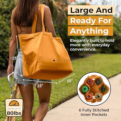 VeraMia Canvas Grocery Bag 3pc XL Set with Real Pockets, Long Shoulder Strap and Short Handle. Heavy Duty, Foldable, Washable