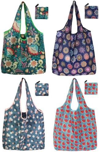 Tote Bag, 4 Pack 50Lbs Reusable Grocery Bags Gift For Women, Bulk Foldable Shopping Totes With Handles, Stylish Large Boho Tote Bags, Portable Market Cloth Storage Bags, Lightweight Heavy Duty
