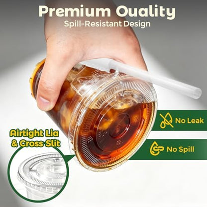 Charmount 100 Sets 16 oz Plastic Cups with Lids and Straws