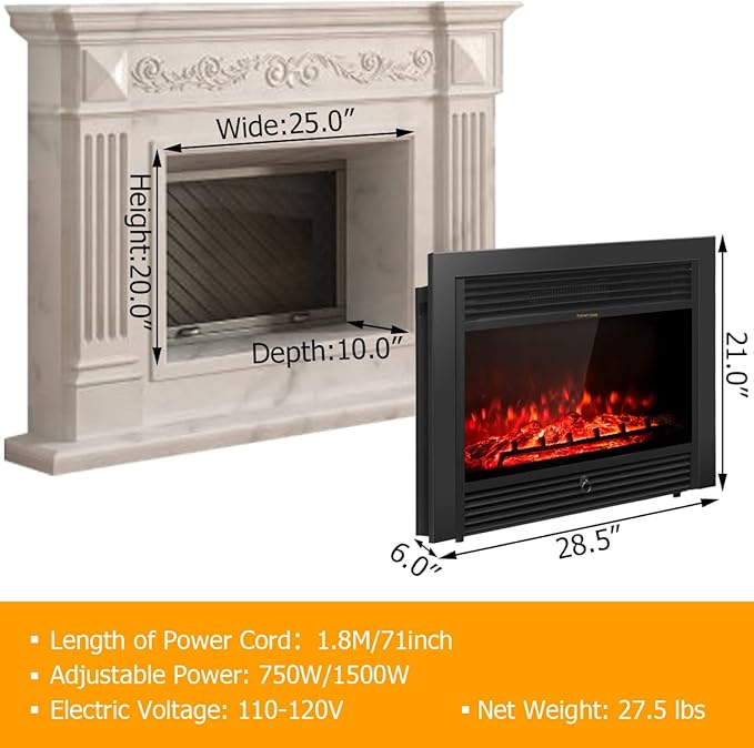 Giantex 28.5" Electric Fireplace Insert, Wall Recessed/Mounted, Freestanding