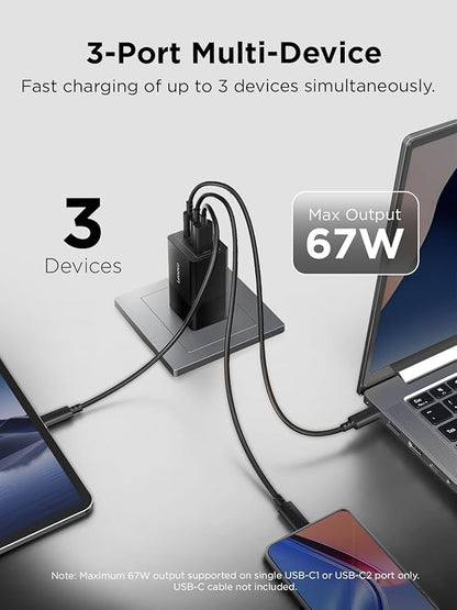 Lenovo 67W USB-C Charger, 3-Port Multi-Device Fast Charging, Advanced GaN