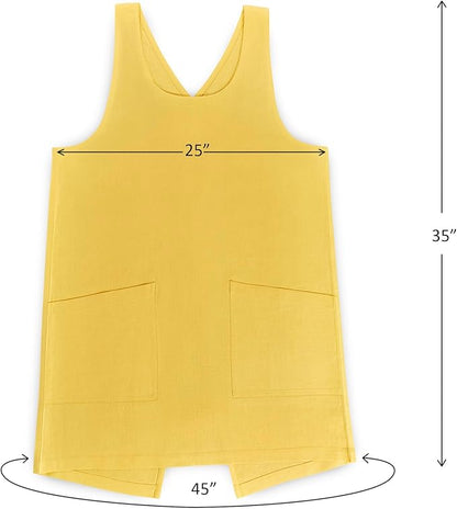 Solino Home Cross Back Linen Apron with Pockets for Gardening, Kitchen - Marigold Yellow Pinafore Smock Apron 100% Pure Linen for Men & Women - Handcrafted from European Flax