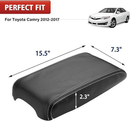 KBH Center Console Armrest Cover Upholstery for Toyota Camry 2012-2017, Vinyl Leather, Middle Console Replacment Covering, Black-Gray Stitch (Leather Part Only)