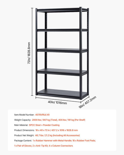VEVOR Storage Shelves, 2000 lbs, 5 Tier Garage Storage Shelving, 18" D x 40" W x 72" H Adjustable Metal Shelves for Garage Shelves Utility Rack Shelf, Ideal for Kitchen, Warehouse, Basement, Black