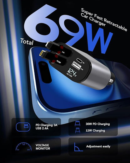 Retractable Car Charger Adapter for iPhone 17,4 in 1 Fast Charging Car Phone Charger,69W USB C Car Truck Accessories,Road Trip Essentials Gift for Men Women for iPhone 17/16/15/14/13/12,Galaxy S25