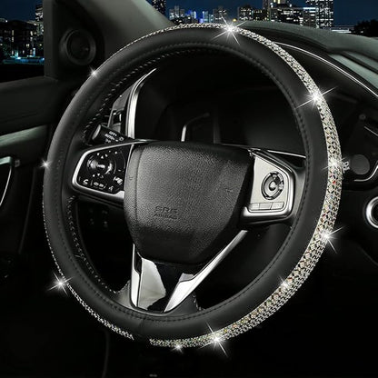 Bling Dianmond Leather Steering Wheel Cover for Women Girls with Crystal Rhinestones, Universal Fit 14.5“-15” in Car Steering Wheel Cover Accessories